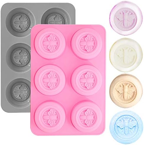 2Pcs 6-Cavity Bee Honeycomb Soap Mold, AIFUDA Round Honeybee Muffin Silicone Molds for Handmade Soaps, Cupcake Baking, Chocolate, Dessert, Lotion Bar, Resin Craft (Gray, Pink)