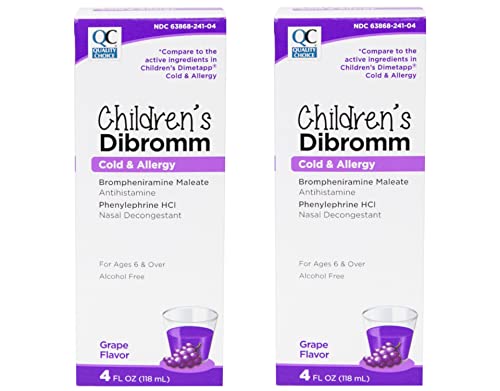 Quality Choice Childrens Dibromm Cold & Allergy Liquid Grape Flavor 4 oz. Antihistamine & Decongestant for Kids Relieves Sneezing Runny Nose Itchy Eyes & Nasal Congestion Pack of 2