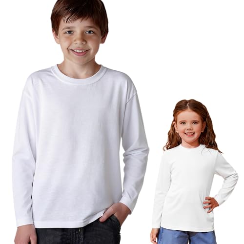 Vida Sol Camiseta Manga Larga Infantil 100% Algodón, 1 Unidad, Unisex, Cuello Redondo, Suave y Transpirable, Diseño Básico y Cómodo, Ideal para Uso Diario, Tallas 3-4 Años, Blanco