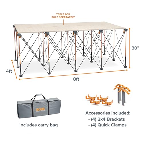 BORA Centipede 30in Folding Work Table Set - No Assembly 15-Strut Collapsible Table 6000lb Weight Limit - 4x8ft Mobile Work Station with Storage Bag, Foldable Work Bench Table - CK15S, Orange