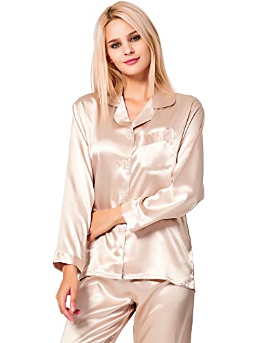 Image of SWOMOG Long Sleeve Pajamas Set Silk Satin Sleepwear Button Down Pjs Loungewear with Pocket