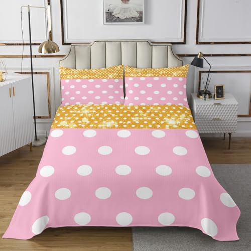 Polka Dots Bedspread Queen Size,Girls Bedding Gold Pink Bedding Bed Cover,Girly Princess Style 3 Pieces Coverlet Set with 2 Pillowcases,Geometric Circle Bed Cover Sets for All Season