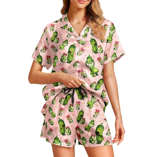 Image of Silk Satin Pajama Set for Women Summer Lounge Pjs Sets 2 Piece Suit Ladies Button Down Tops And Shorts Sleepwear