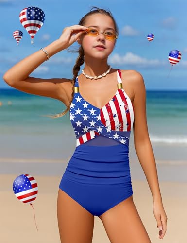 Image of Girls Swimsuit Criss Cross One Piece Swimsuits Wrap Tie Back Sheer Mesh Bathing Suit with Gold Metal Swimwear 9-16Y