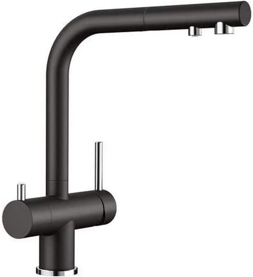 BLANCO FONTAS-S II Filter Kitchen Faucet in black silgranit with pull-out spout and two levers.