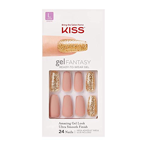 KISS Gel Fantasy Ready-to-Wear Press-On Sculpted Gel Nails, âBackgroundâ, Long, Pink and Gold, High Arch Nail Kit with 24 Mega Adhesive Tabs, Pink Gel Glue, Manicure Stick, Mini File, and 28 Fake Nails