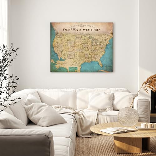 Image of DECORARTS - Large Push Pin Travel Map USA, US Maps for Wall, Antique Vintage Old United States Pin Board Canvas, Giclee Print, Handcrafted in USA, 35x28''
