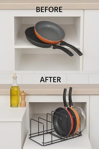 Image of Black Iron Dish Rack Organizer - Space-Saving Countertop Pan Pot Lid Stand with 6 Slots, 17 inch L x 7 inch W x 6 inch H - Heavy-Duty Kitchen Storage Rack