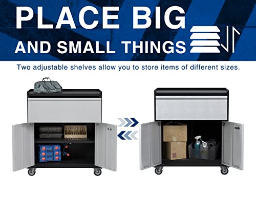Aobabo Metal Storage Cabinet With Wheels, Mobile Metal Garage Cabinet With 1 Drawer And 2 Locking Doors, Small Rolling Tool Storage Cabinet, Assembly Required, Black/Gray #TOP3