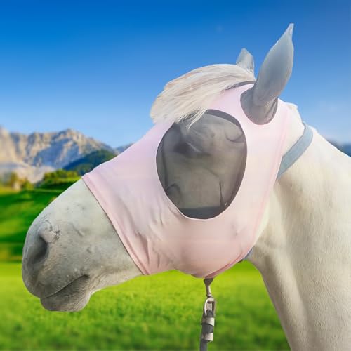 Image of Ecoluminor Adjustable Pink Horse Fly Mask with Elastic Straps, Soft Breathable Mesh, UV Protection & Tangle-Free Design for Pasture, Riding – Size L for Horse-Adult