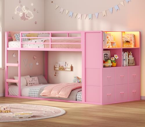 BTHFST Bunk Bed Twin Over Twin with 6 Large Fabric Drawers & 4 Storage Bookshelf Metal Low Bunk Bed for Kids with LED Lights & Ladder and Guardrail Space Saving for Girls Pink