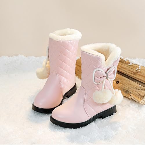 Girls Winter Mid-Calf Leather Warm Fur Boots Bowknot Rhinestone Princess Booties2