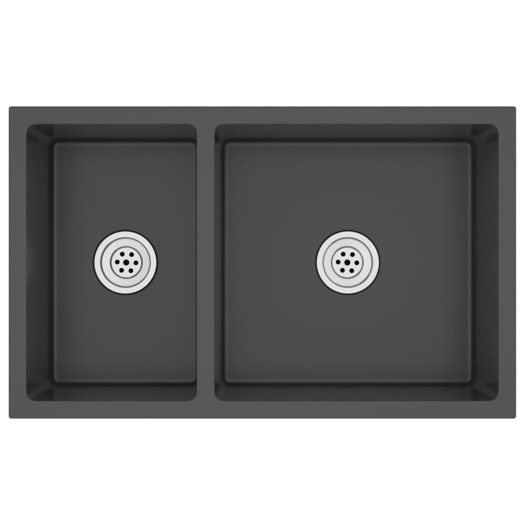 Fregadero de cocina negro de acero inoxidable con doble fregadero, 71,5 x 44 x 20 cm, con escurridor y residuos, incluye sifón y juego de desagüe, para cocina, lavadero
