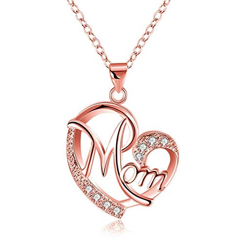 Heart Mom Necklace Crystal Shiny MOM Heart Shape Pendant Necklace Love Heart Mom Pendant Necklace Mother Heart Necklace Jewelry Gifts Perfect Silver Tone Heart Necklace for Mom Wife-Rose Gold