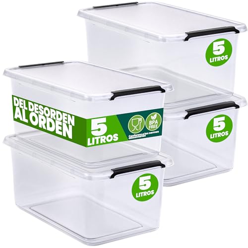 Deuba® 4x Cajas de Almacenaje con Tapa Apilables 5L Transparentes Juguetes Cocina Dormitorio libre de BPA Alimentos