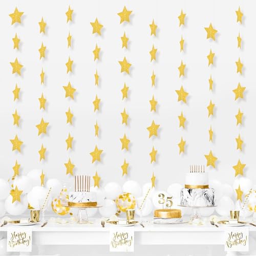 Image of Gold Glitter Star Garland Banner Streamers - 2.76 Inch 52 FT 4 Strands Paper - Golden Garland for Graduation Birthday Baby Shower Christmas Party Decorations