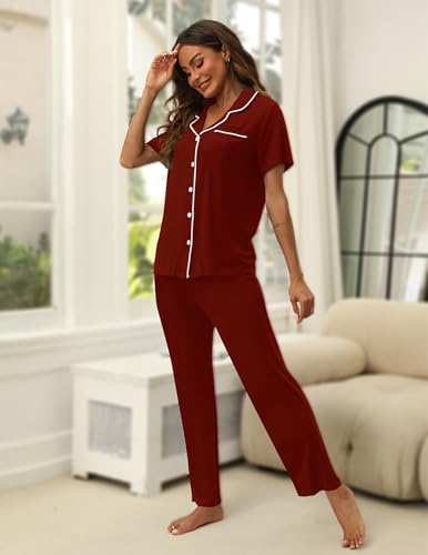 Image of HNG Women Pajamas Set 2 Piece Button Up Pajamas Pant and Short Sleeve Shirt for Woman Pj Sets with Pocket