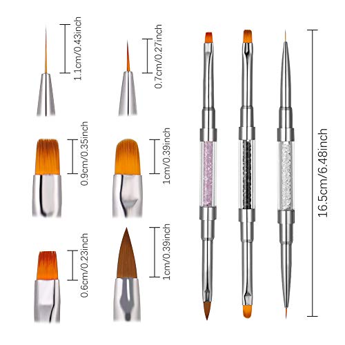 Havenport 3 Pack Dual-Ended Nail Brush Pen Nail Art Brush Nail Painting Brushes Nail Art Liner Brush Uv Gel Nail Brush Set Nylon Hair With Rhinestone Handle #TOP4