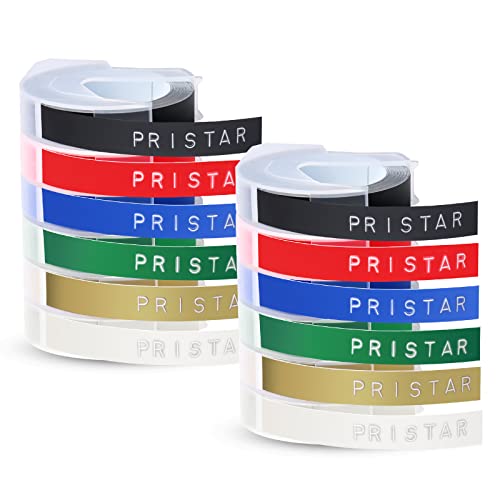 12X Pristar 9mm 3D Ruban Compatible Étiquette pour Dymo 3D Embossing Plastique Auto-Adhésif pour Dymo Maxi 1755 Omega Junior Motex E-303 E-101 E202, Blanc sur Noir/Rouge/Bleu/Vert/Or/Transparent Cover