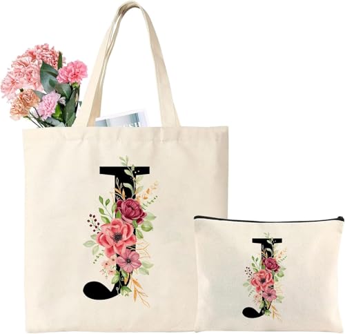 Personalized Initial Cotton Tote Bag, Canvas Reusable Shopping Bags with Makeup Bags, Gifts for Women, Mom, Teachers, Nurses, Best Friends, Bridesmaids, Monogrammed Gifts for Wedding, Birthday(J)