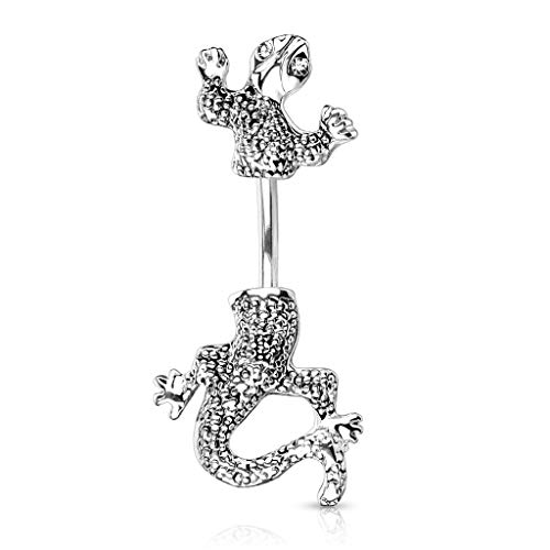 Piercing Nombril Nombril Piercing Cameleon Lezard Salamandre sur ventre strass blanc inversé