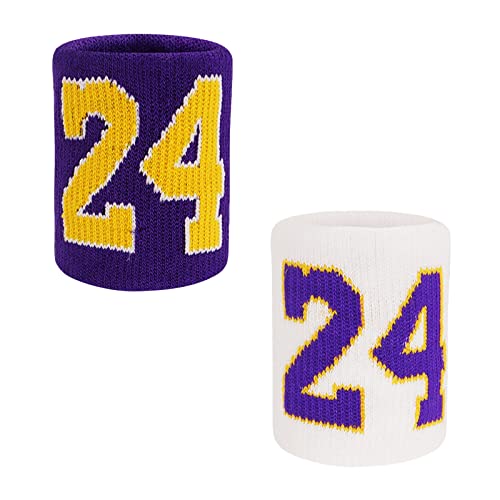 2-Pack Kobe Wrist Sweatbands Basketball Wrist Bands For Men, 24 Lucky Number Wristbands Absorbent Sweatbands For Tennis Football Softball Running Athletic Sports And Working Out (White And Purple) #TOP6