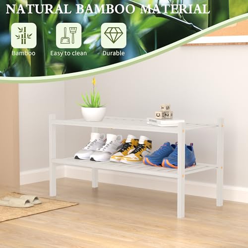 2 Tier Bamboo Shoe Rack for Closet Free Standing Wood Shoe Shelf for Entryway Small Space Stackable 27"x11"x13" (White)