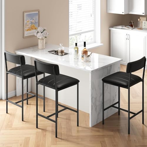 Image of GAOMON Bar Stools Set of 2, Kitchen Bar Stools with Footrest, Counter Height Barstools, Modern Farmhouse Furniture, Black