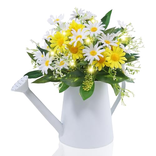 Eksen Artificial Daisy Flowers in Metal Pot with LED Lights & Timer – Silk Flower Arrangement, Faux Floral Table Centerpiece Decoration for Dining Room, Farmhouse, Home, Kitchen, Office,Spring Décor
