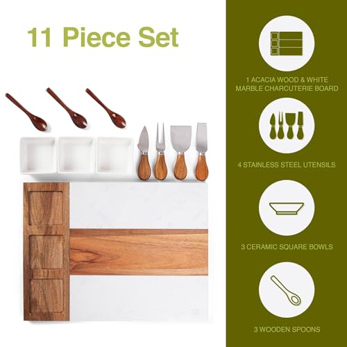 Acacia Wood and Marble Charcuterie Board Set - 11 piece Cheese Board Serving Platter - includes Knives, Bowls, Spoons - Gift Appetizer Board with Accessories - Housewarming and Holiday Unique Gift - Thumbnail 2