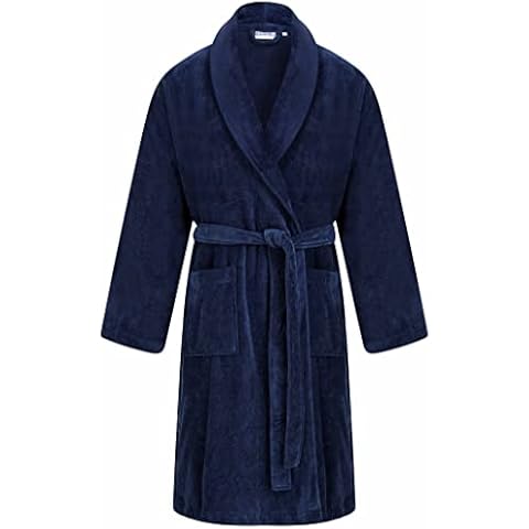 Walker Reid Mens 48" or 122cm Long Luxury Thick 400GSM Soft Dark Blue Cotton Velour Shawl Collared Belt Up Bath Robe Dressing Gown House Coat XXXL Cover