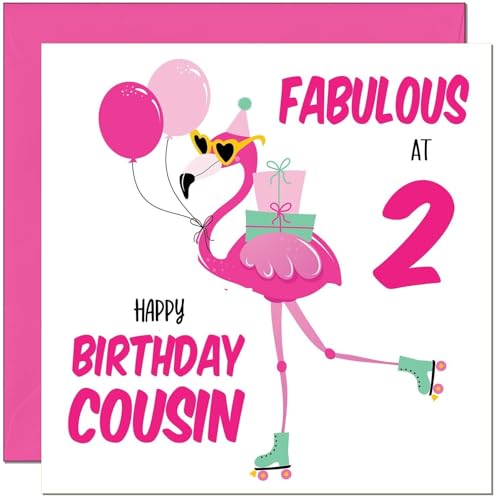 2nd Cousin Birthday Card - Fabulous Flamingo - Ladies Womens Pink Cute Cousins Birthday Card for 2 Year old Kids two, second