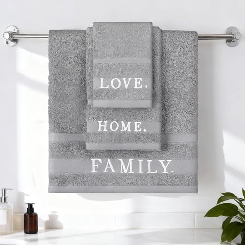 Hahafelt 3 Pcs Decorative Bathroom Towel Set 100% Cotton 1 Bath 1 Hand and Wash Cloth Farmhouse Large Size 500 GSM Highly Absorbent Towel(Grey Home Love Family)