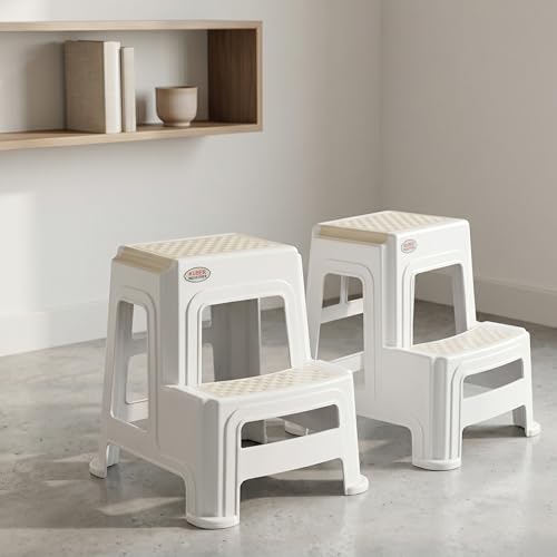 Image of Oaknest Supreme Multipurpose Plastic 2-Step Stool for Kids & Adults - Anti-Slip Lightweight Stepping Stool for Kitchen, Bathroom & Home - White, 2 Piece