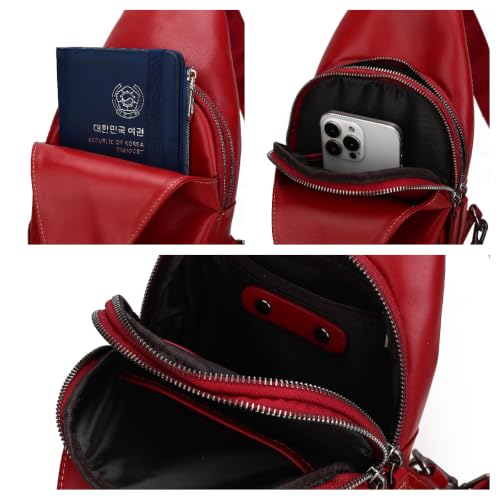 Image of Genuine Leather Sling Bag for Men and Women Chest Pack Purse Crossbody Shoulder Bag Sling Backpack (Red)