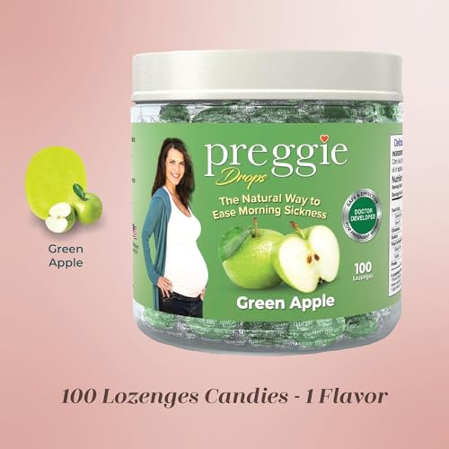 Image of Three Lollies Preggie Drops Pregnancy Nausea Relief Drops with Essential Oils, Morning Sickness and Queasy Stomach Support for Pregnant Women, Green Apple, 100 Count