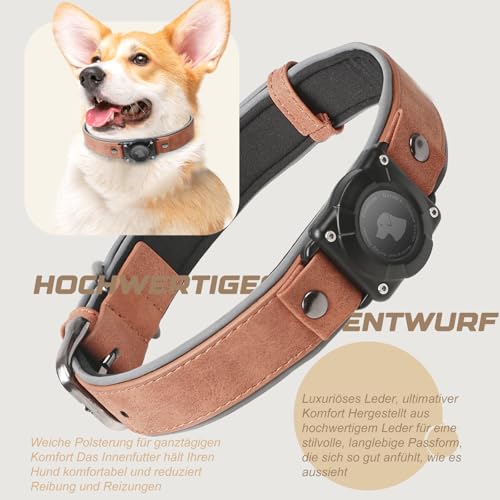 Halsband Hund Leder mit Air Tag Halter, Airtag Hundehalsband IPX8 Wasserdicht, Handgefertigt, Weich und Bequem, Reflektierend, Verstellbare Polsterung, Geeignet für Mittlere Große Hunde (Braun, XL)