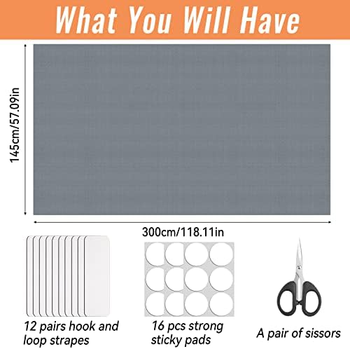 Portable Blackout Blinds, 300x145cm Temporary Blackout Material, 100% Blackout No Drill Blind Easy to Stick On Window for Nursery Bedroom and Travel, with Self Adhesive Fasteners and Scissors