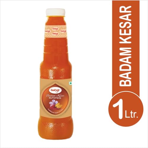 Image of Shree Guruji Badam Kesar Sharbat 1 Litre Milk Beverage Summer Drink Dry Fruit Syrup Instant Thandai Mix Badam Kesar Drink Cooling Sharbat for Milk Falooda Desserts Smoothies Mocktails