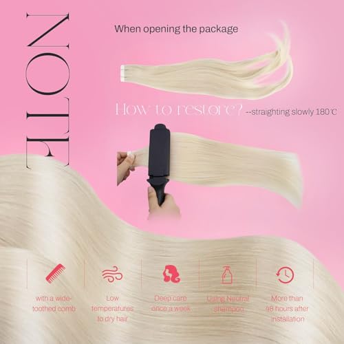 Image of Moresoo White Blonde Tape in Human Hair Extensions, 14 Inch, 20Pcs, 40g | Invisible tape in extensions, short straight hair, fine hair, lightweight daily wear, easy styling hair
