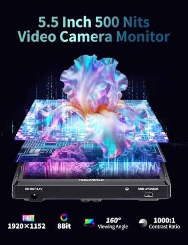 Image of FEELWORLD S55E 5.5 inch DSLR Field Monitor 3D LUT Compact Full HD 1920x1152 IPS Video Assist Peaking Focus with 4K60Hz HDMI 8.4V DC Inputs /Outputs Includes F550 4400mAh Battery,Tilt Arm,Sunshade