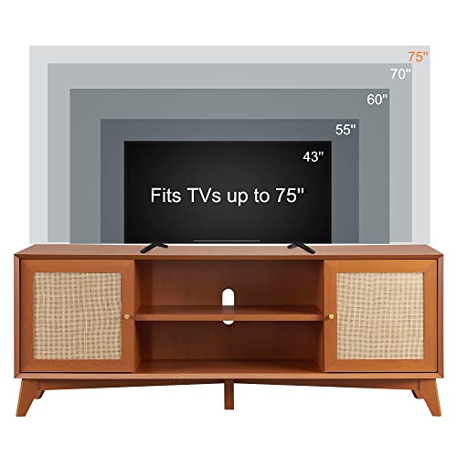 OKD-TV-Stand-for-75-Inch-TV-Mid-Century-Modern-Entertainment-Center-with-Natural-Rattan-Door-Storage-Shelves-Large-Boho-Media-TV-Console-Long-Television-Stand-for-Living-Room-Cherry OKD TV Stand for 75 Inch TV Mid Century Modern Entertainment Center with Natural Rattan Door Storage Shelves Large Boho Media TV Console Long Television Stand for Living Room Cherry