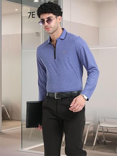 Image of STELLERS Men's Melange Full Sleeve Zipper Polo T-Shirt | Feather Soft Fabric | Breathable | Regular Fit | Quick Dry | Wrinkle Free | Tipping Design