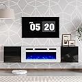 AMERLIFE Floating TV Stand with 36" Electric Fireplace, High Gloss Finish Wall Mounted Fireplace Entertainment Center with Storage for TVs Up to 78", Black/White