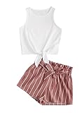 Picture of OYOANGLE Girl's 2 Piece Outfits Summer Tie Knot Tank Top and Paperbag Waist Striped Shorts Set White Pink 7Y