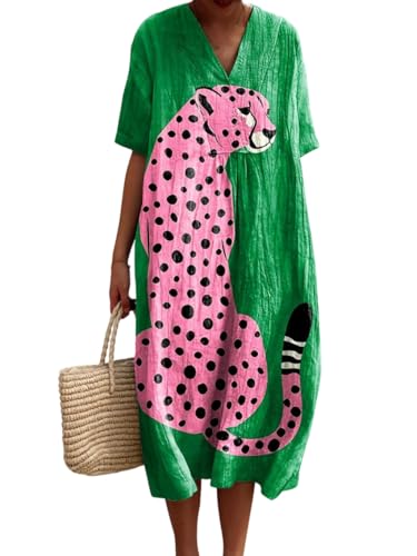 Women Summer V Neck Boho Leopard Cheetah Print Maxi Dress