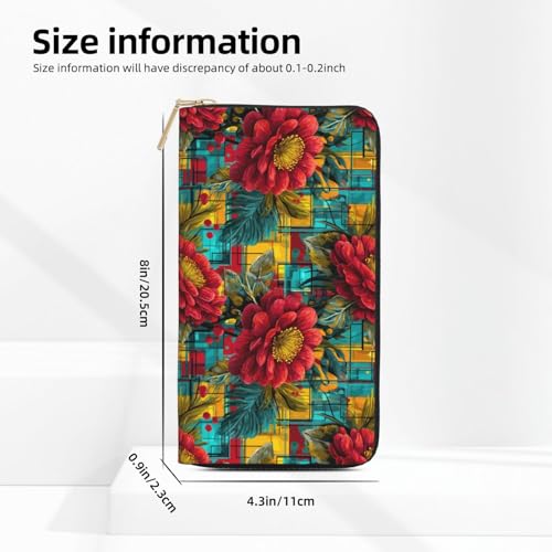 Leather Thin Slim Wallets for Women Men - Fashion Summer Red Flowers Print Card Wallet Holder with Zipper2