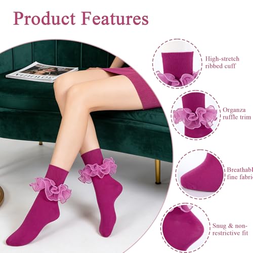 Image of Women Big Ruffle Ankle Socks Adult Double Lace Frilly Socks Fold Cuff Cotton Ruffled Dress Crew Bobby Bride Sock