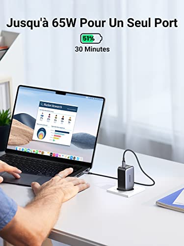 UGREEN Carregador 65W USB C Fonte de Alimentação USB Tipo C Carregador de 3 Portas Carregador PD Ráp