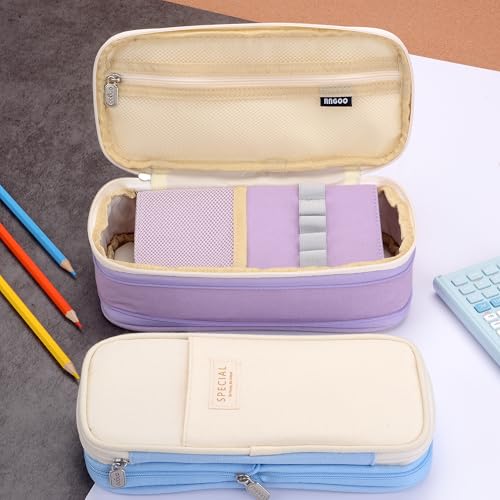 Image of Large Capacity Big Special Cute Aesthetic Preppy Canvas Pencil Case Organizer Holder Pouch Bag with Zipper Compartments, Pen Cases for Women Girls School Adults (Beige /Purple)